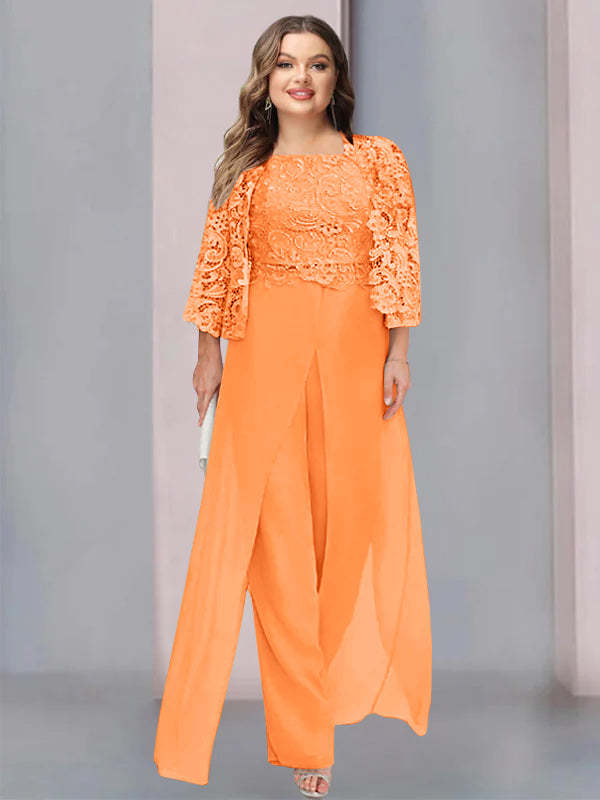 Plus Size Floor-Length Chiffon Pantsuit for the Mother of the Bride with Square Neck and Side Split-BMbridal