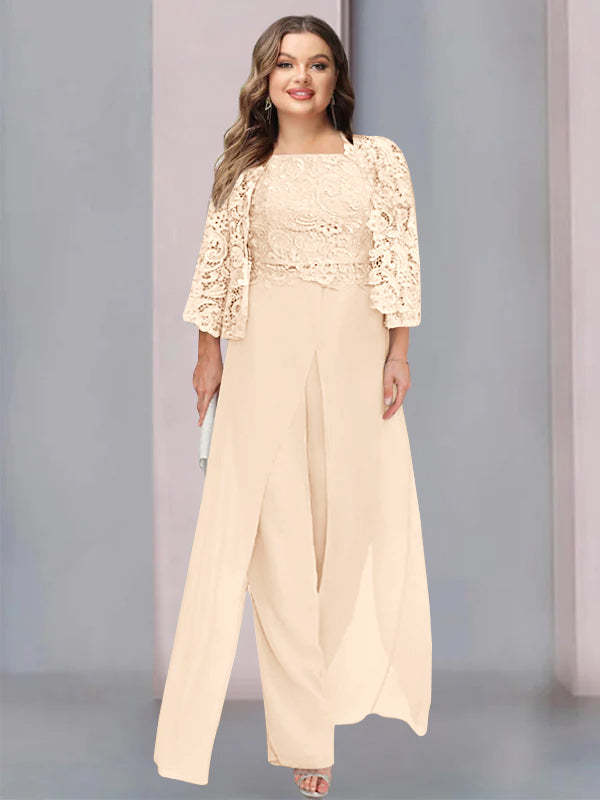 Plus Size Floor-Length Chiffon Pantsuit for the Mother of the Bride with Square Neck and Side Split-BMbridal