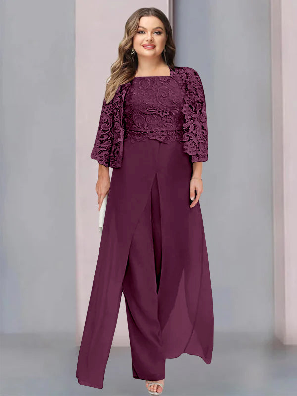 Plus Size Floor-Length Chiffon Pantsuit for the Mother of the Bride with Square Neck and Side Split-BMbridal