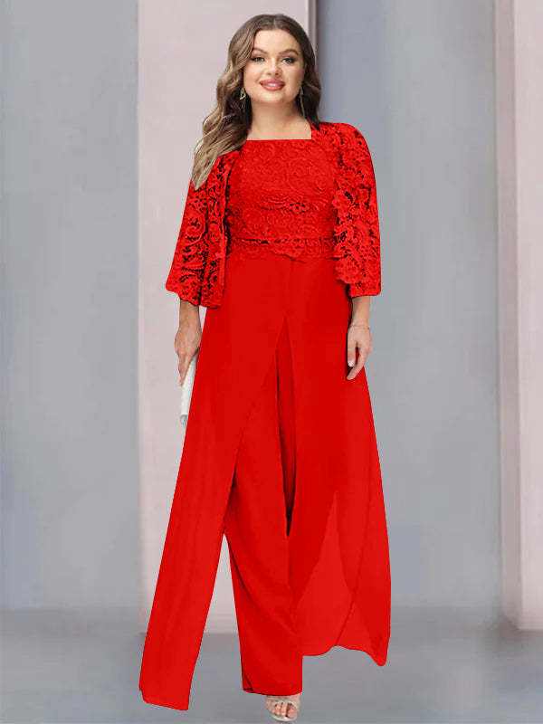 Plus Size Floor-Length Chiffon Pantsuit for the Mother of the Bride with Square Neck and Side Split-BMbridal