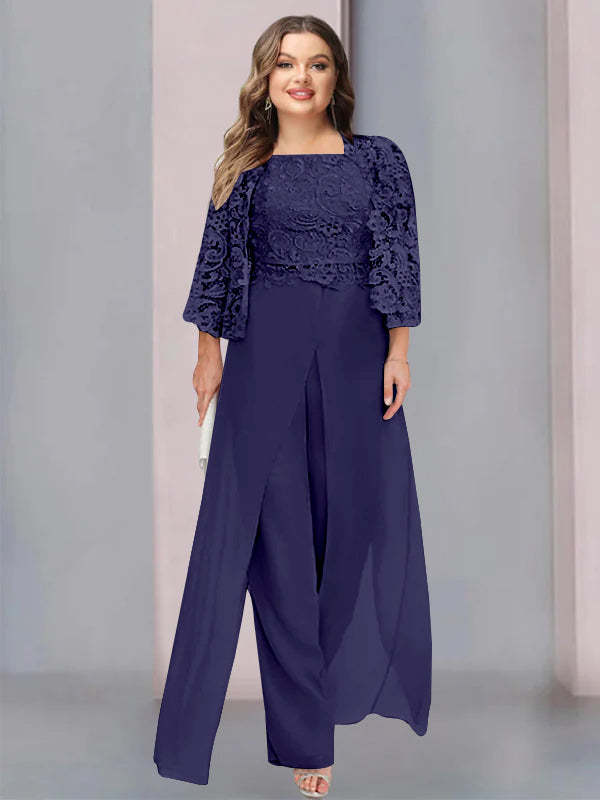 Plus Size Floor-Length Chiffon Pantsuit for the Mother of the Bride with Square Neck and Side Split-BMbridal