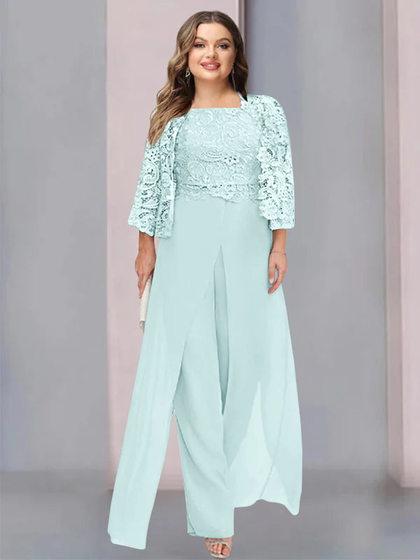 Plus Size Floor-Length Chiffon Pantsuit for the Mother of the Bride with Square Neck and Side Split-BMbridal