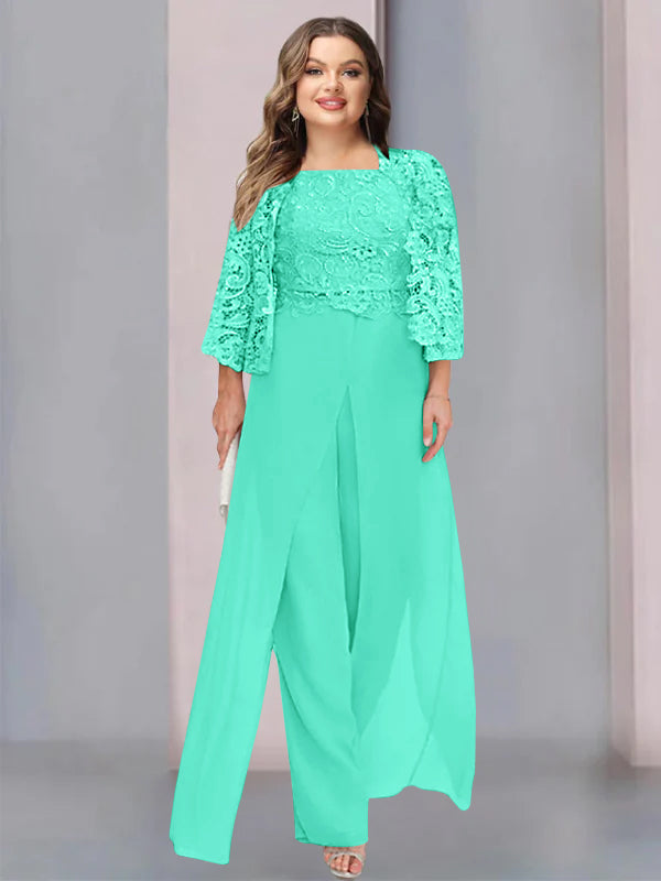 Plus Size Floor-Length Chiffon Pantsuit for the Mother of the Bride with Square Neck and Side Split-BMbridal