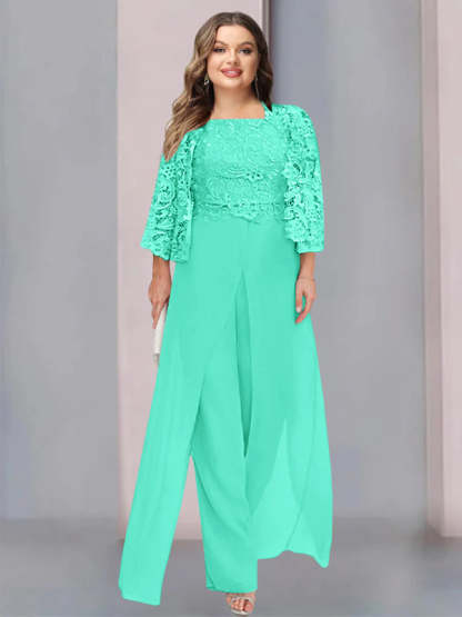 Plus Size Floor-Length Chiffon Pantsuit for the Mother of the Bride with Square Neck and Side Split-BMbridal