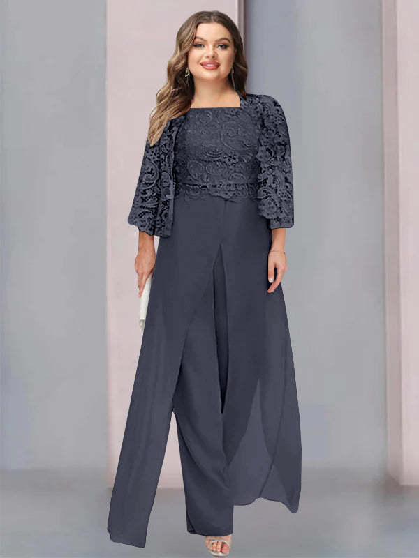 Plus Size Floor-Length Chiffon Pantsuit for the Mother of the Bride with Square Neck and Side Split-BMbridal