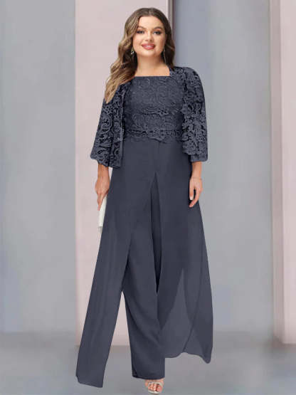 Plus Size Floor-Length Chiffon Pantsuit for the Mother of the Bride with Square Neck and Side Split-BMbridal