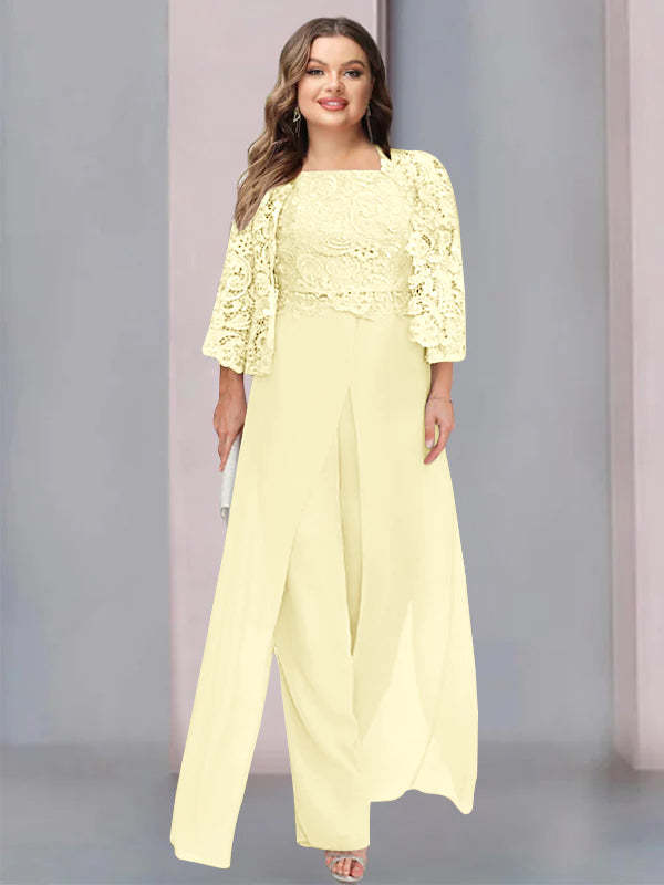 Plus Size Floor-Length Chiffon Pantsuit for the Mother of the Bride with Square Neck and Side Split-BMbridal