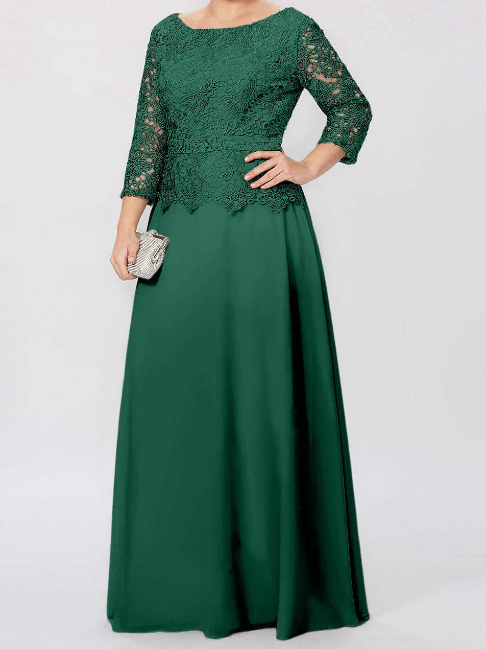 Floor-Length A-Line Princess Gown with Round Neck and 3/4 Sleeves Embellished with Applique & Sequins-BMbridal