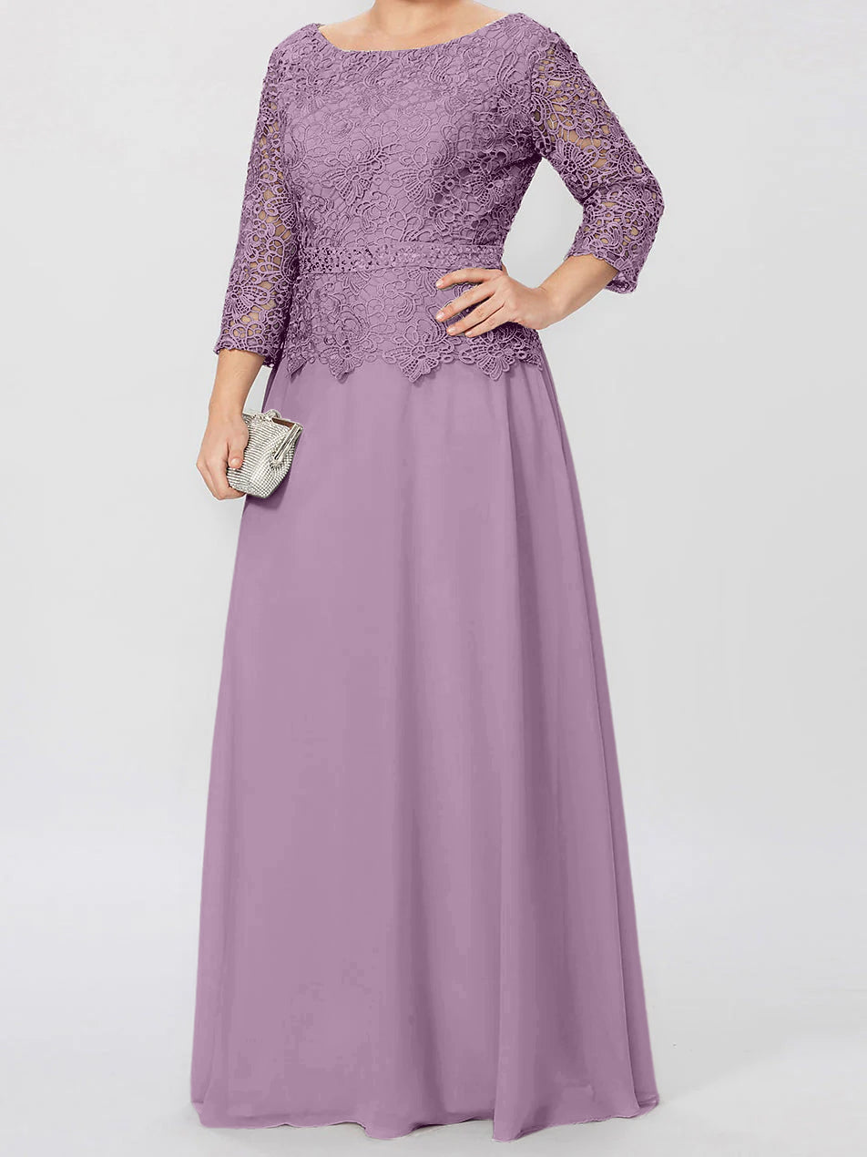 Floor-Length A-Line Princess Gown with Round Neck and 3/4 Sleeves Embellished with Applique & Sequins-BMbridal