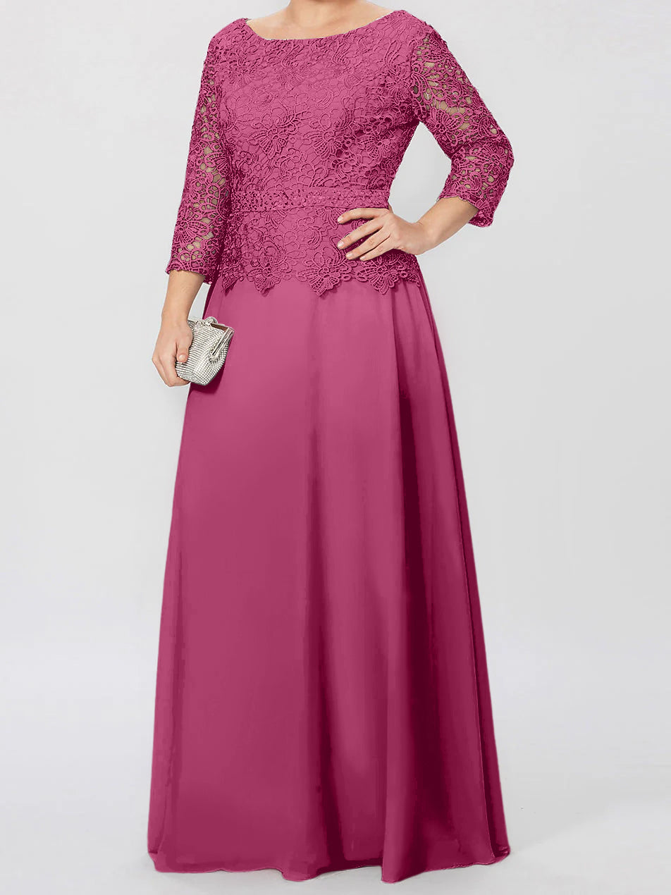 Floor-Length A-Line Princess Gown with Round Neck and 3/4 Sleeves Embellished with Applique & Sequins-BMbridal