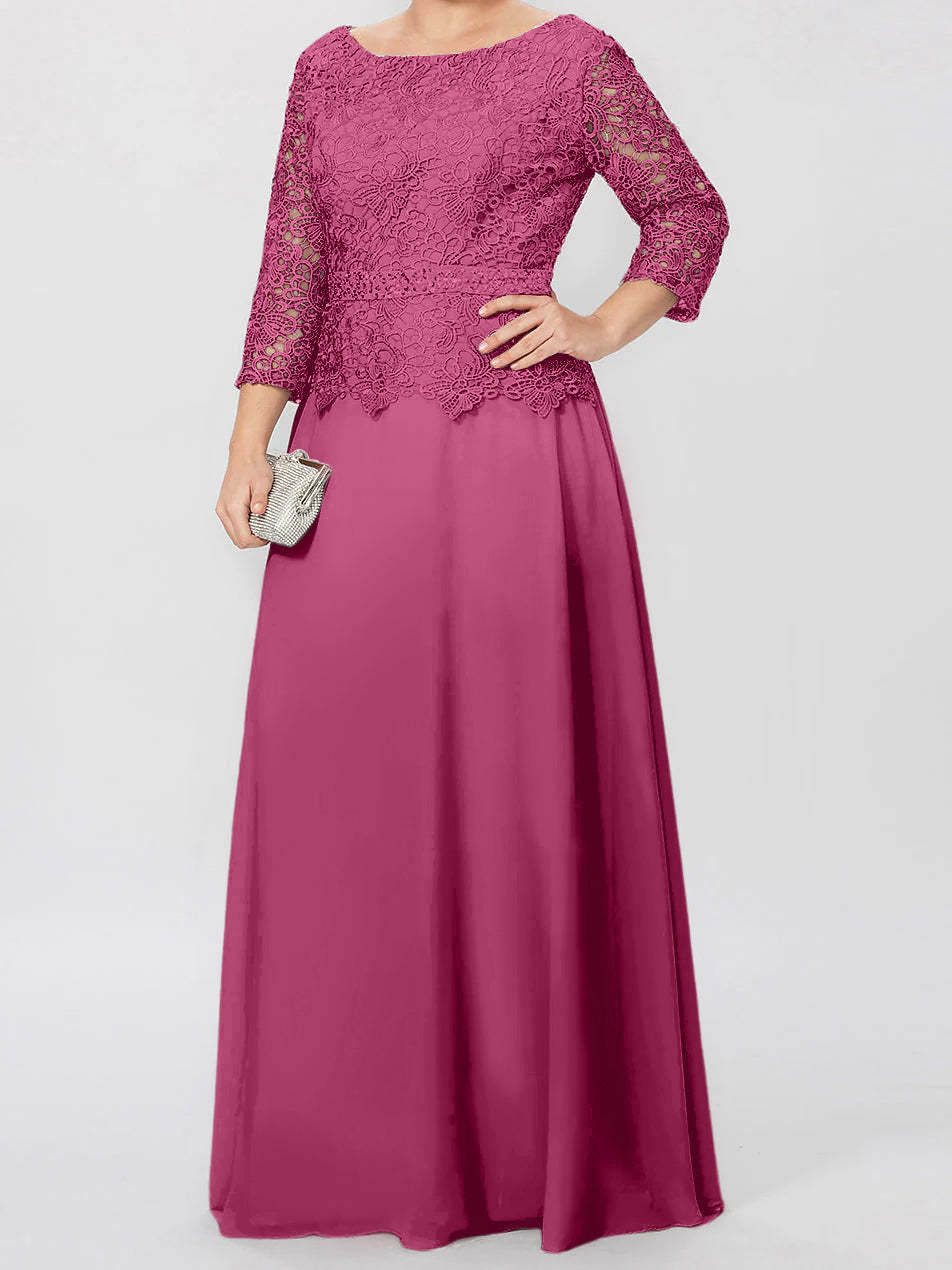 Floor-Length A-Line Princess Gown with Round Neck and 3/4 Sleeves Embellished with Applique & Sequins-BMbridal