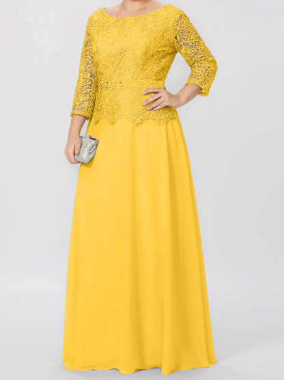 Floor-Length A-Line Princess Gown with Round Neck and 3/4 Sleeves Embellished with Applique & Sequins-BMbridal