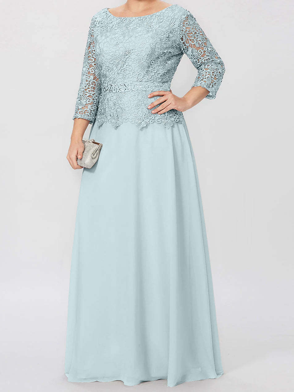 Floor-Length A-Line Princess Gown with Round Neck and 3/4 Sleeves Embellished with Applique & Sequins-BMbridal