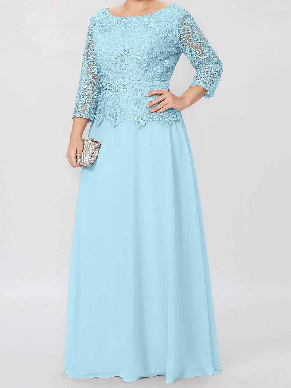 Floor-Length A-Line Princess Gown with Round Neck and 3/4 Sleeves Embellished with Applique & Sequins-BMbridal