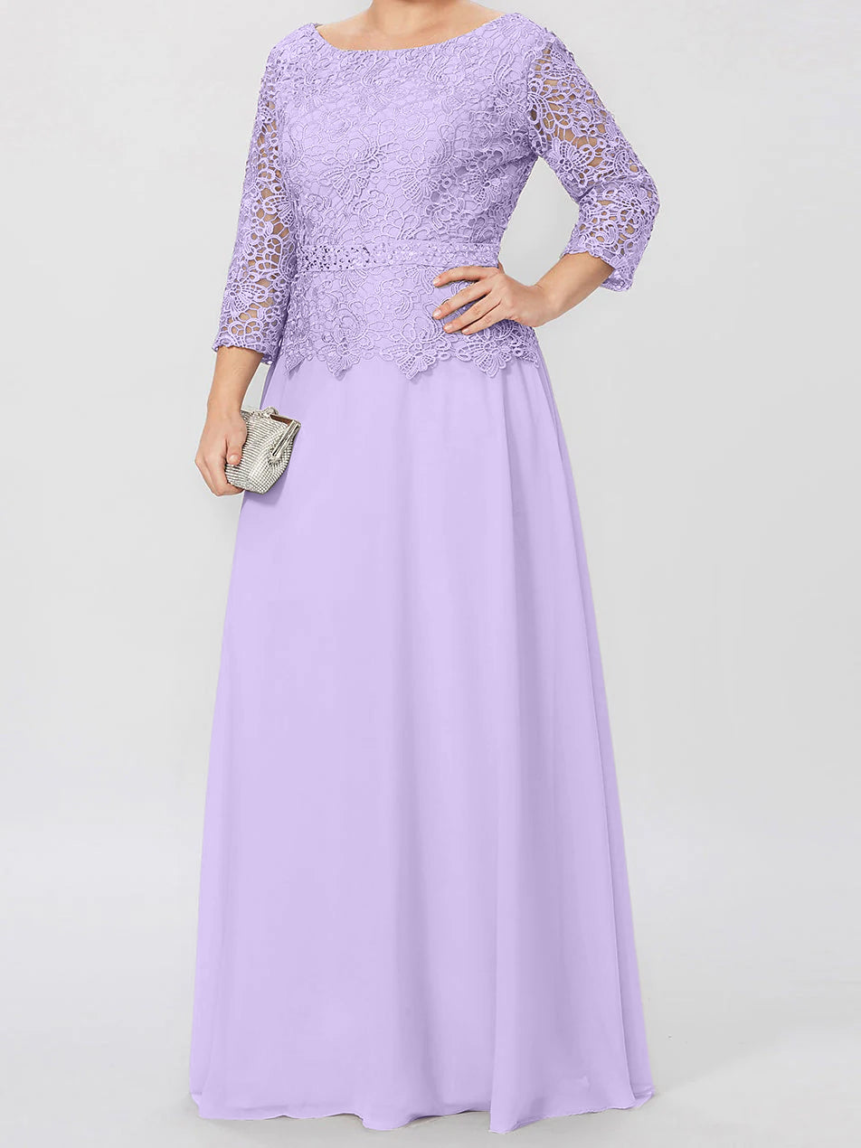Floor-Length A-Line Princess Gown with Round Neck and 3/4 Sleeves Embellished with Applique & Sequins-BMbridal