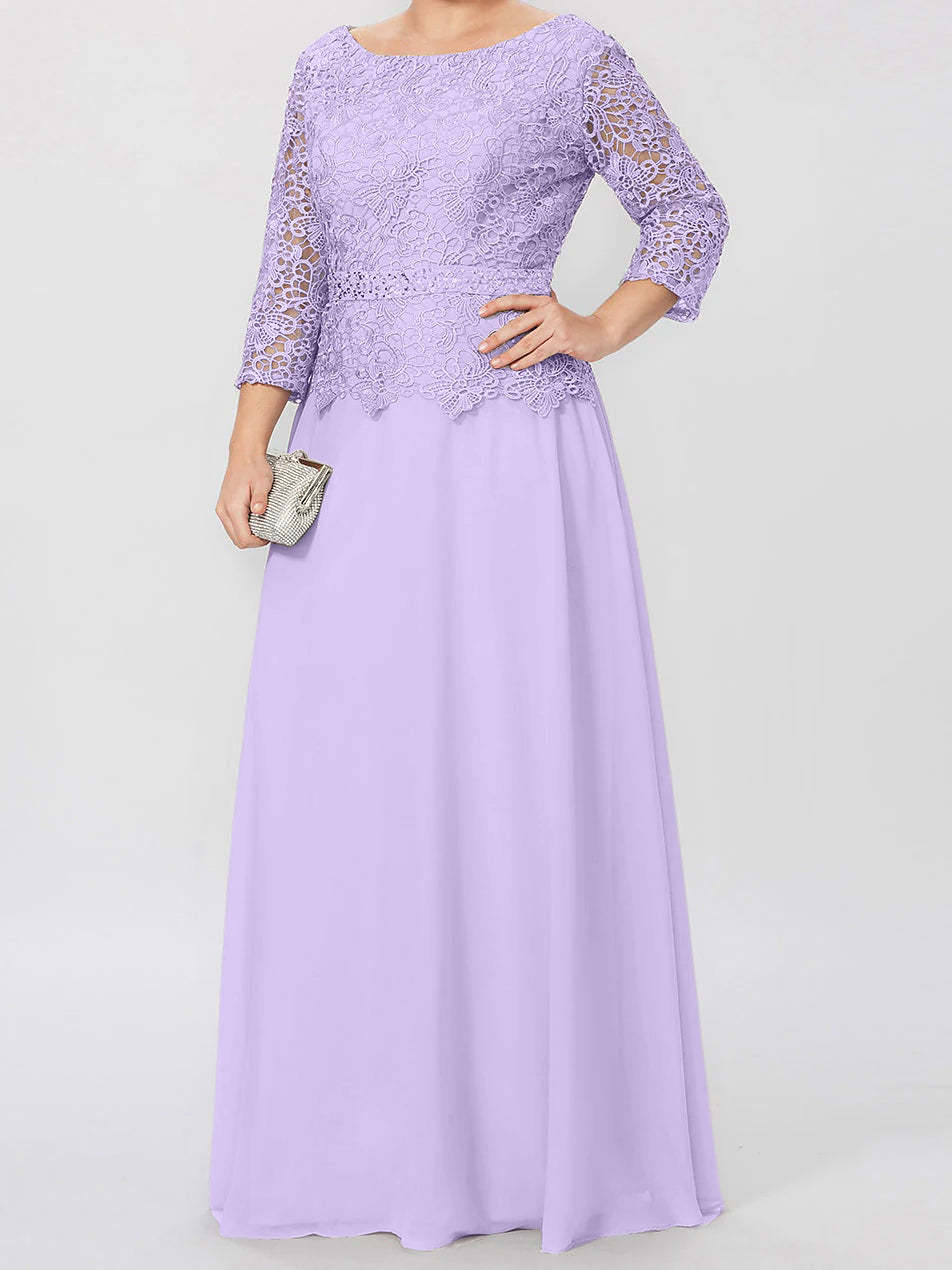 Floor-Length A-Line Princess Gown with Round Neck and 3/4 Sleeves Embellished with Applique & Sequins-BMbridal