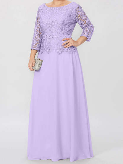 Floor-Length A-Line Princess Gown with Round Neck and 3/4 Sleeves Embellished with Applique & Sequins-BMbridal