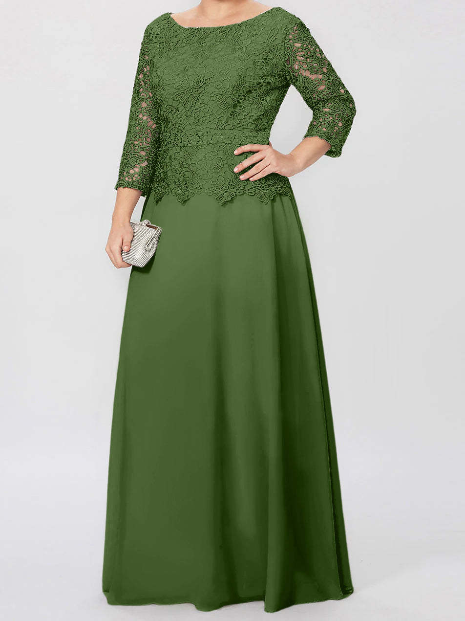 Floor-Length A-Line Princess Gown with Round Neck and 3/4 Sleeves Embellished with Applique & Sequins-BMbridal