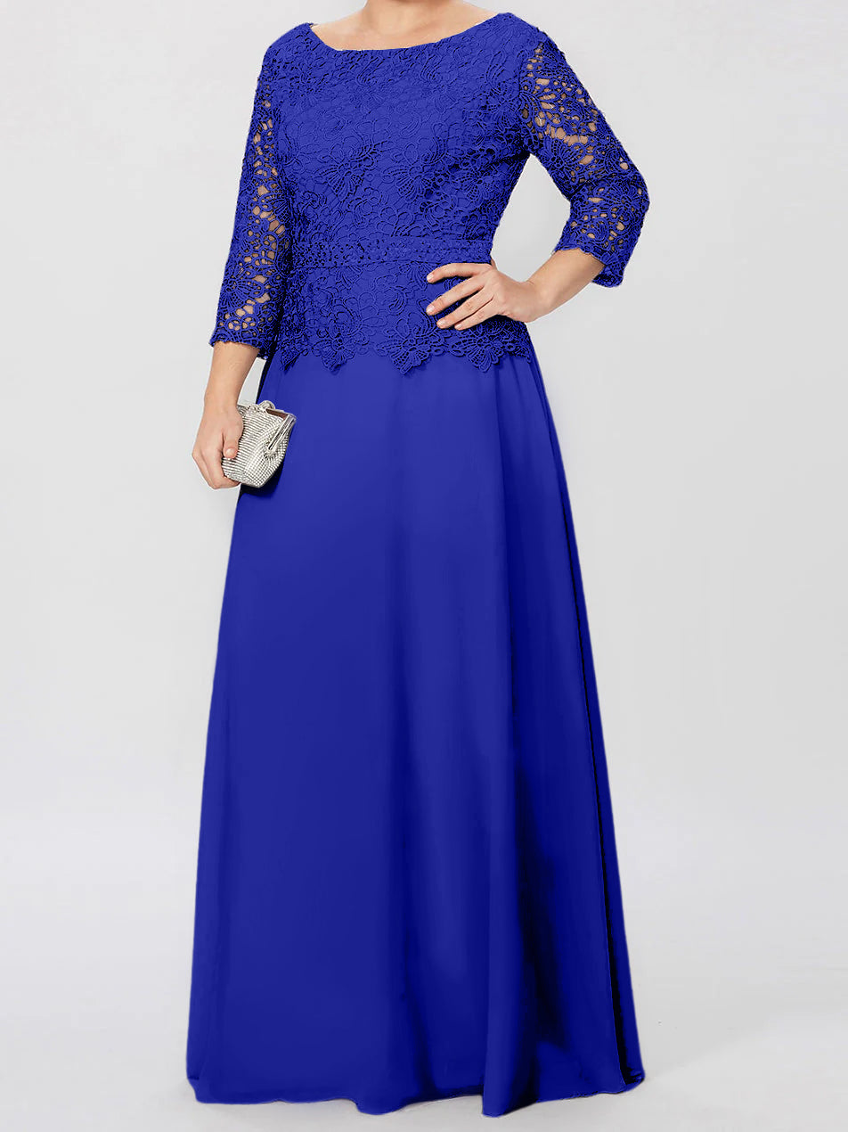 Floor-Length A-Line Princess Gown with Round Neck and 3/4 Sleeves Embellished with Applique & Sequins-BMbridal