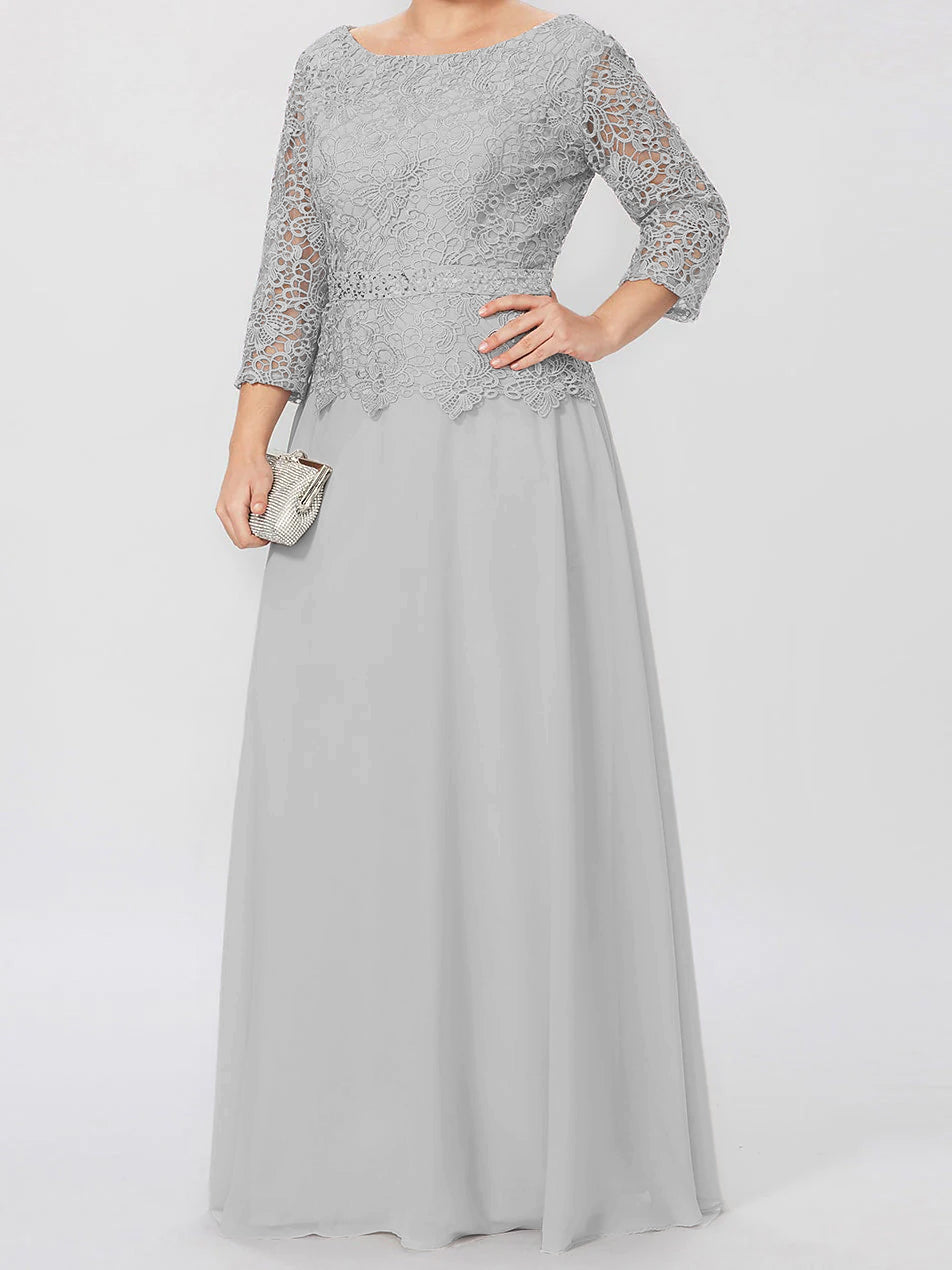 Floor-Length A-Line Princess Gown with Round Neck and 3/4 Sleeves Embellished with Applique & Sequins-BMbridal