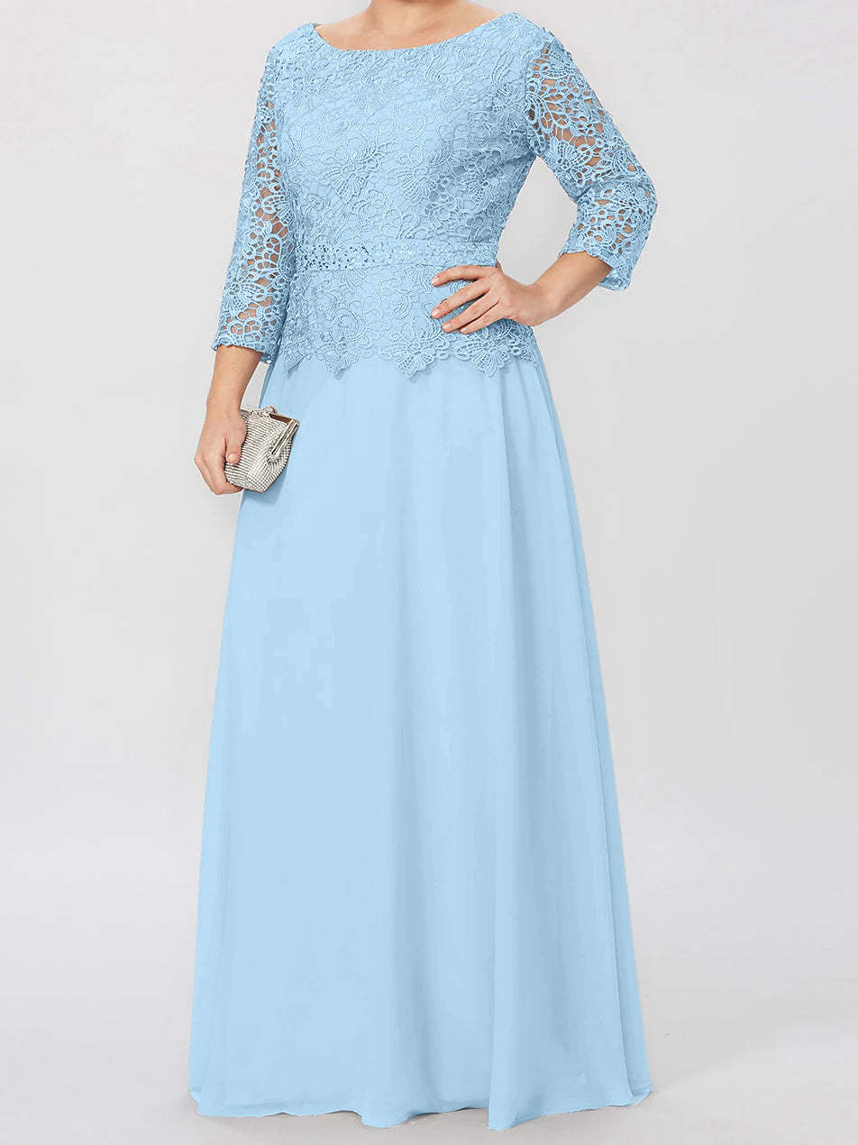 Floor-Length A-Line Princess Gown with Round Neck and 3/4 Sleeves Embellished with Applique & Sequins-BMbridal
