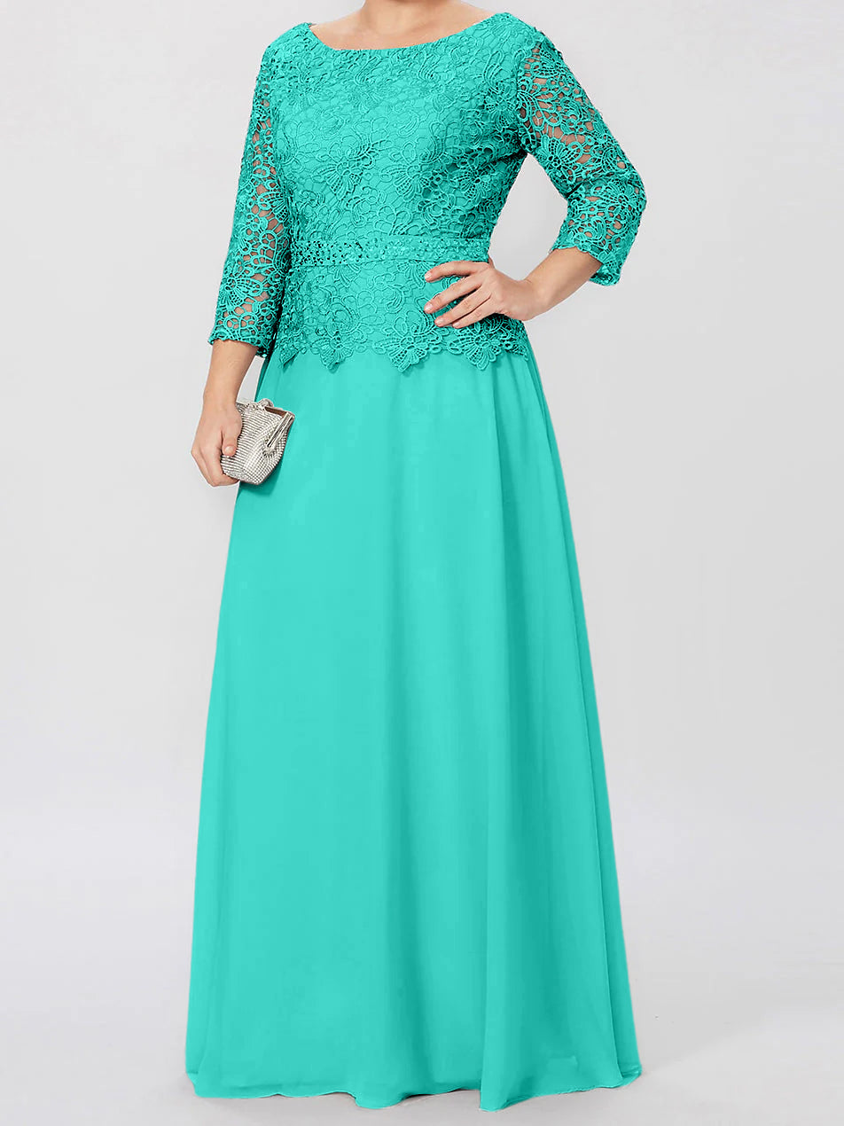 Floor-Length A-Line Princess Gown with Round Neck and 3/4 Sleeves Embellished with Applique & Sequins-BMbridal