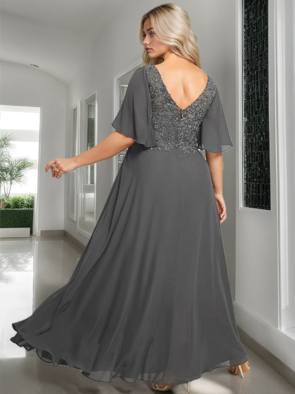 V-Neck A-Line Princess Floor-Length Mother of the Bride Dress with Applique and Half Sleeves-BMbridal