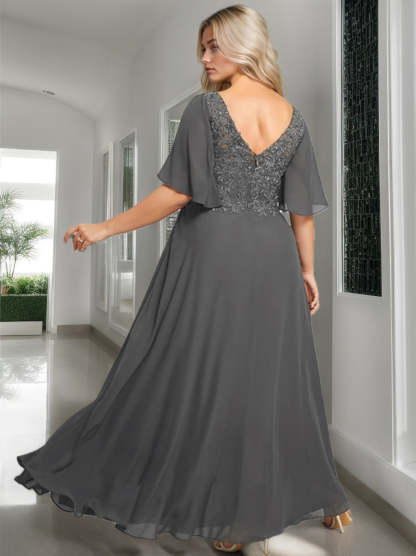 V-Neck A-Line Princess Floor-Length Mother of the Bride Dress with Applique and Half Sleeves-BMbridal