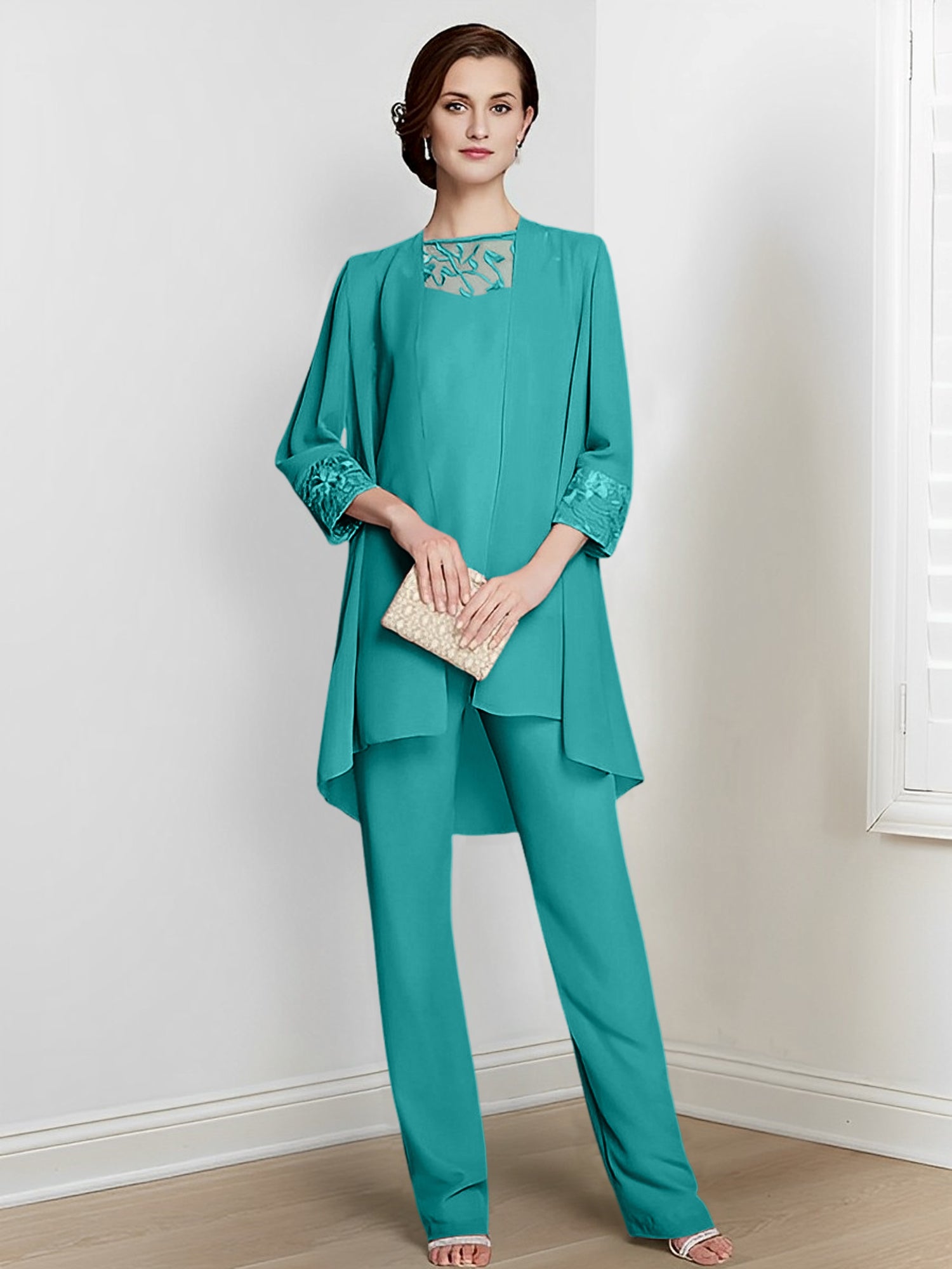 Floor-Length Square Neck Chiffon Pantsuit With Long Sleeves and Jacket for the Mother of the Bride-BMbridal