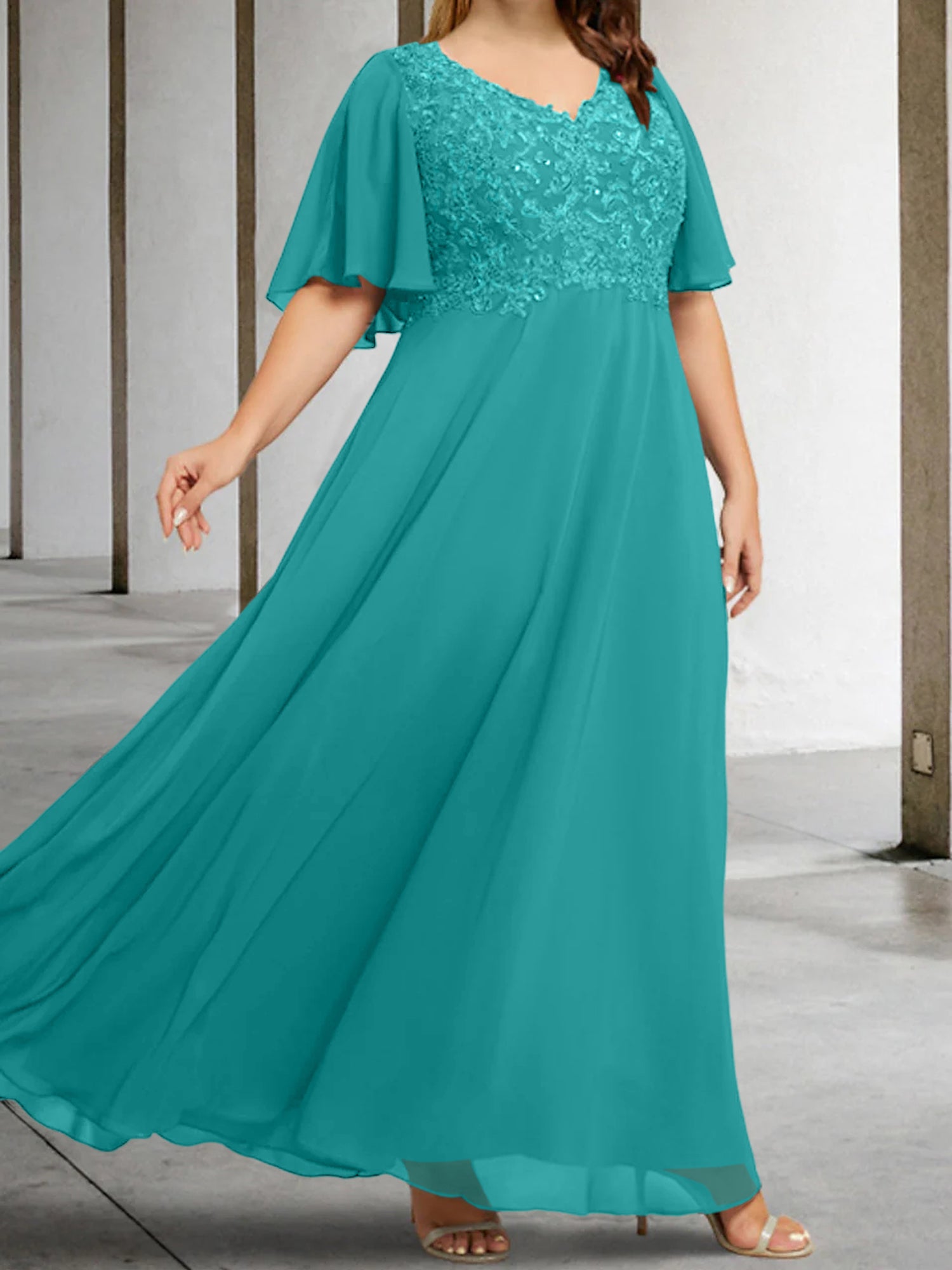 V-Neck A-Line Princess Floor-Length Mother of the Bride Dress with Applique and Half Sleeves-BMbridal