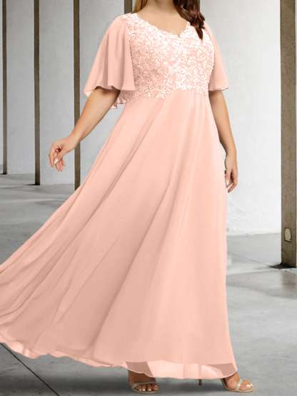 V-Neck A-Line Princess Floor-Length Mother of the Bride Dress with Applique and Half Sleeves-BMbridal