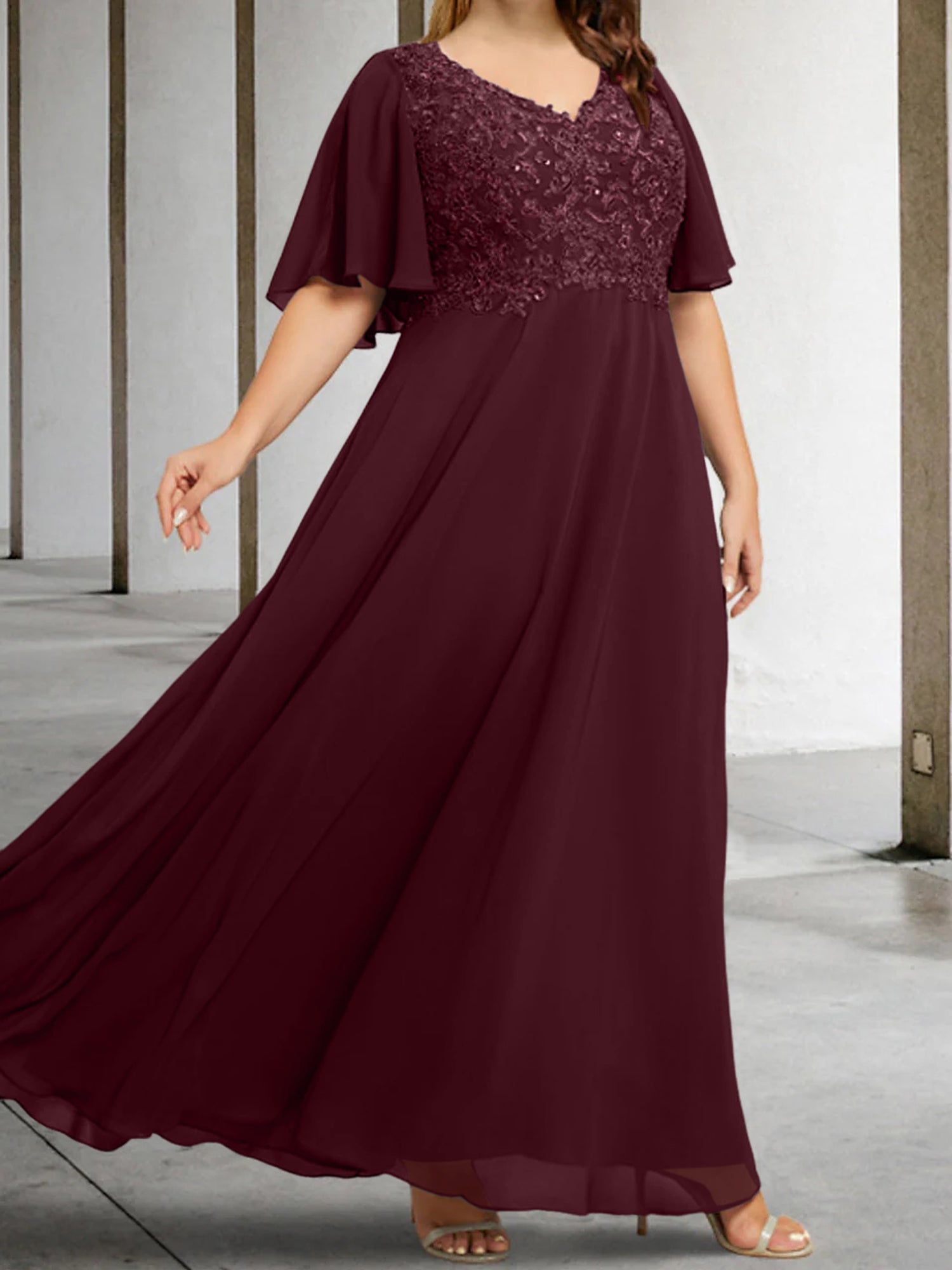 V-Neck A-Line Princess Floor-Length Mother of the Bride Dress with Applique and Half Sleeves-BMbridal