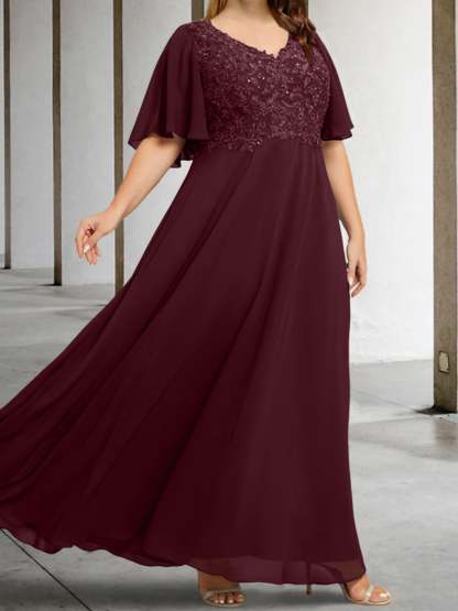 V-Neck A-Line Princess Floor-Length Mother of the Bride Dress with Applique and Half Sleeves-BMbridal