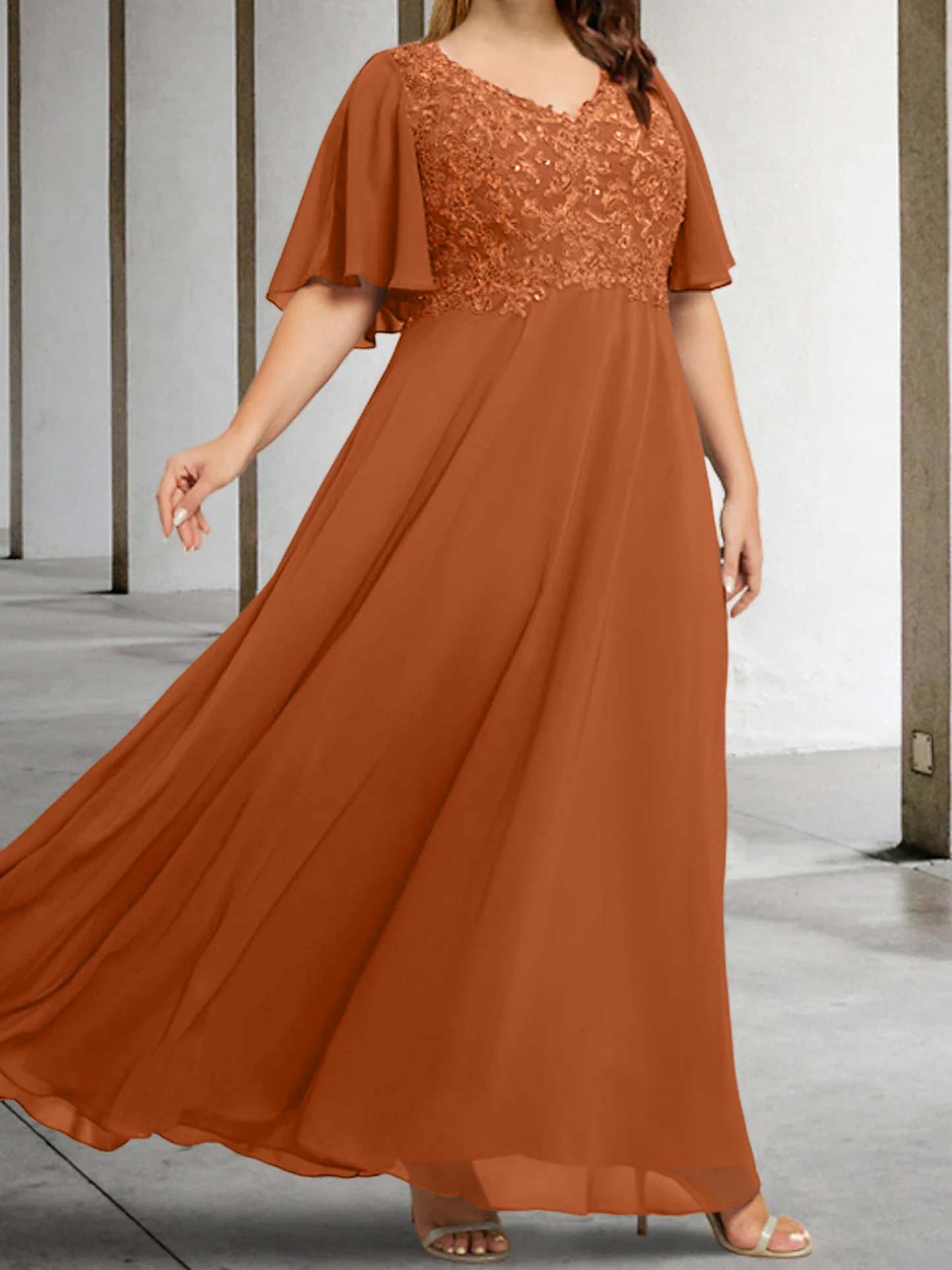 V-Neck A-Line Princess Floor-Length Mother of the Bride Dress with Applique and Half Sleeves-BMbridal