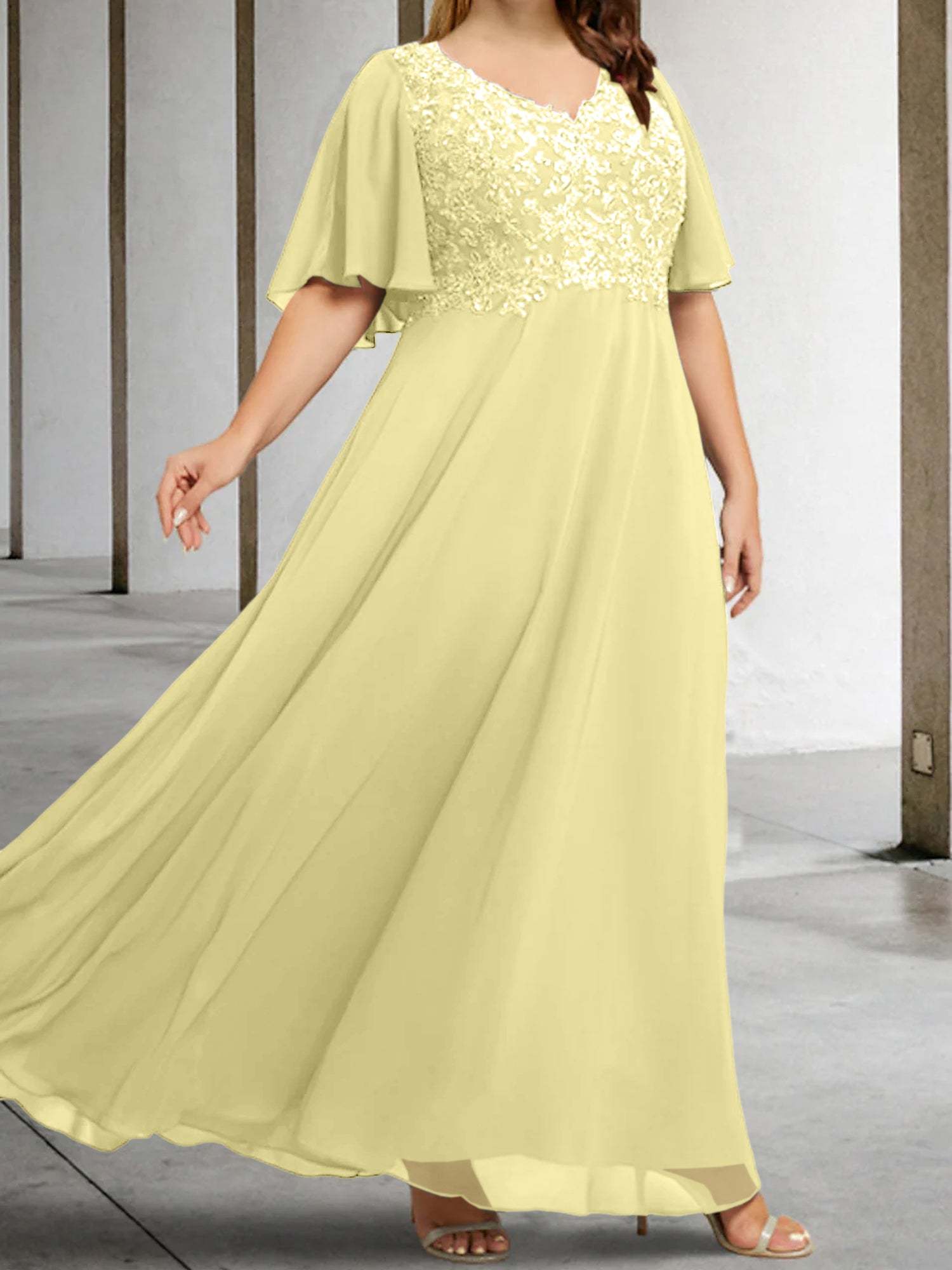 V-Neck A-Line Princess Floor-Length Mother of the Bride Dress with Applique and Half Sleeves-BMbridal