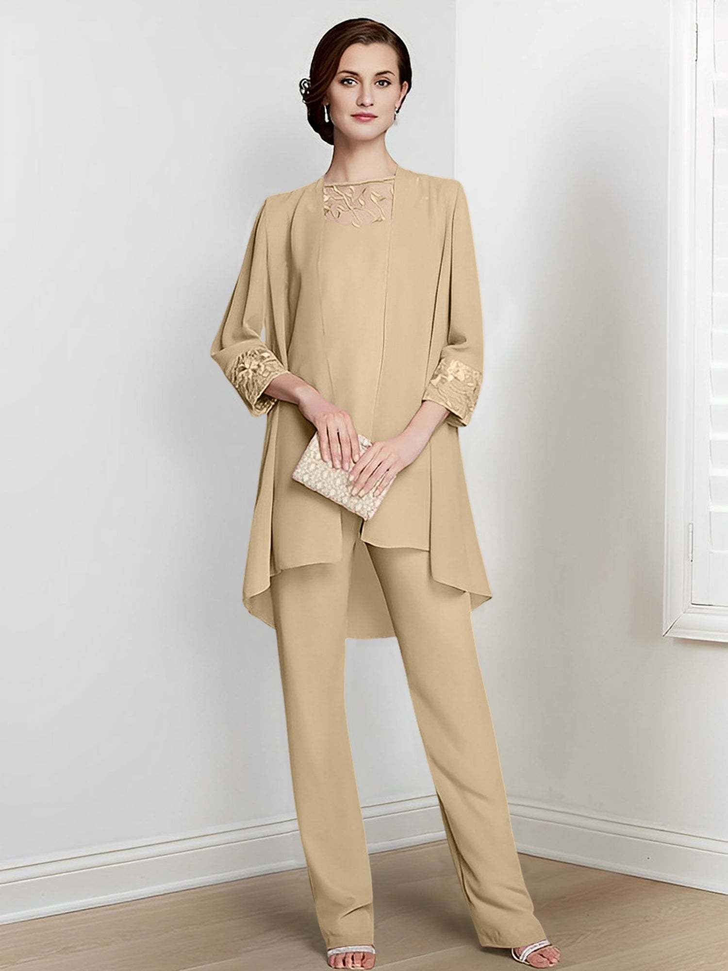 Floor-Length Square Neck Chiffon Pantsuit With Long Sleeves and Jacket for the Mother of the Bride-BMbridal