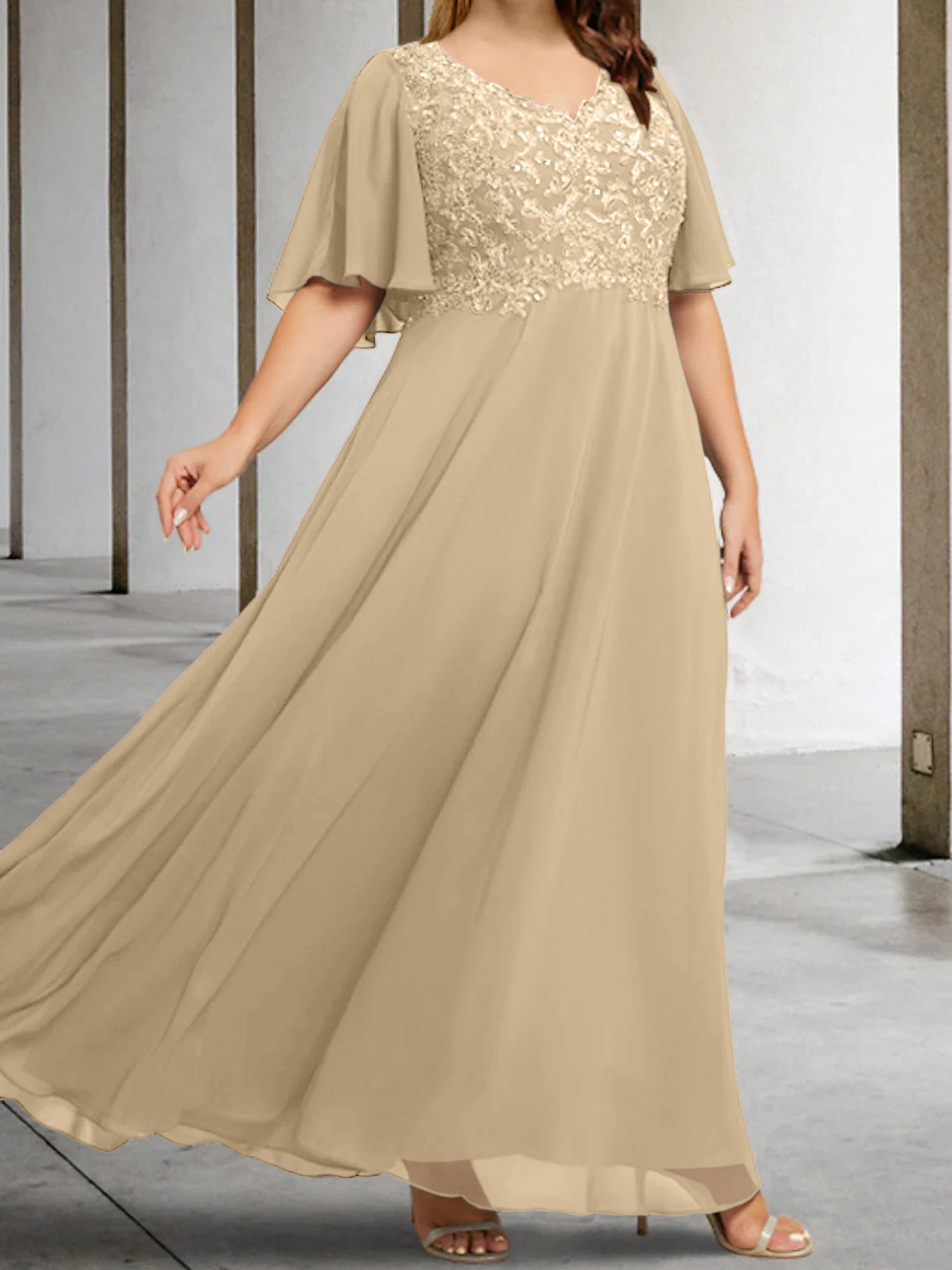 V-Neck A-Line Princess Floor-Length Mother of the Bride Dress with Applique and Half Sleeves-BMbridal
