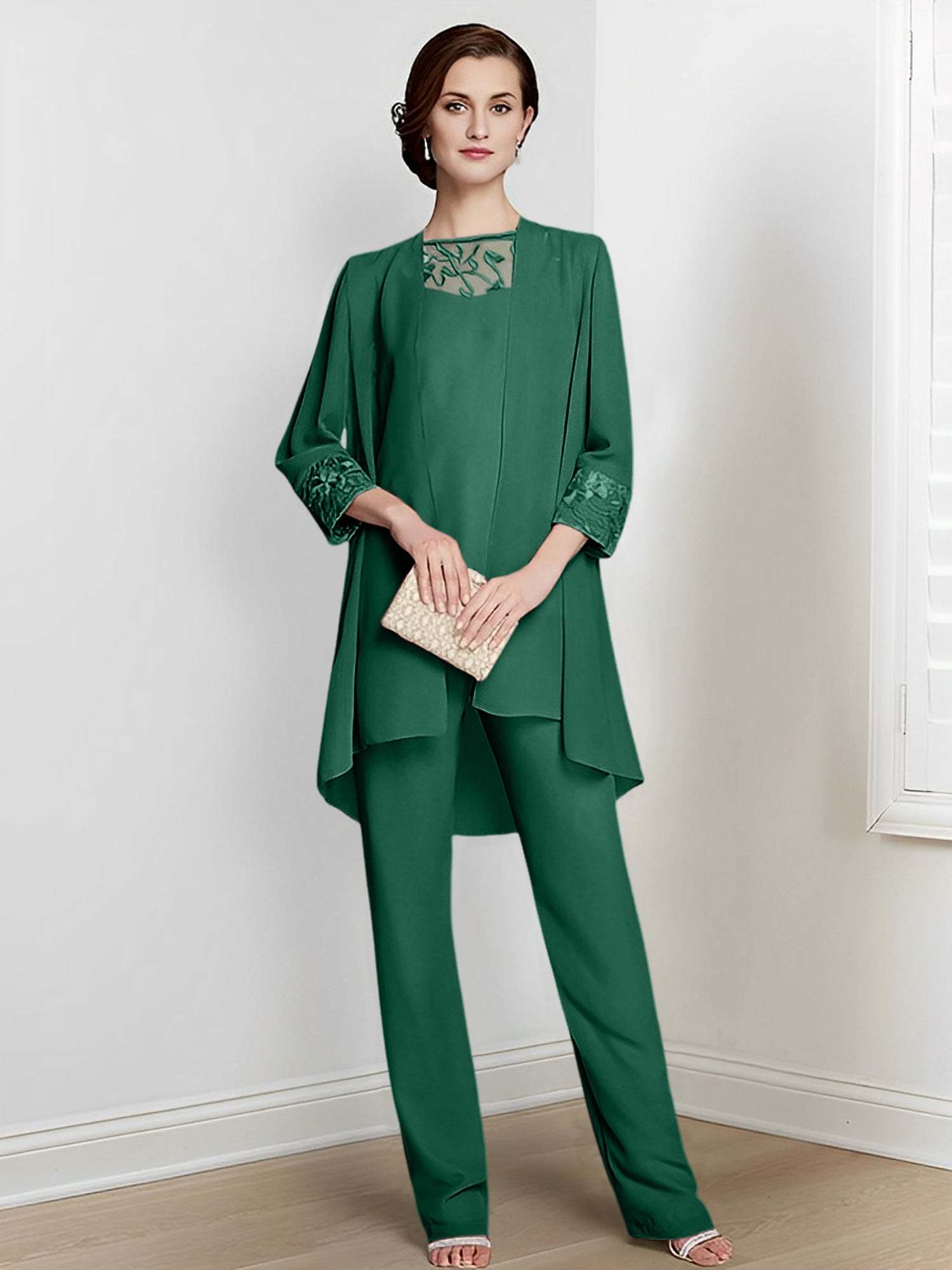 Floor-Length Square Neck Chiffon Pantsuit With Long Sleeves and Jacket for the Mother of the Bride-BMbridal
