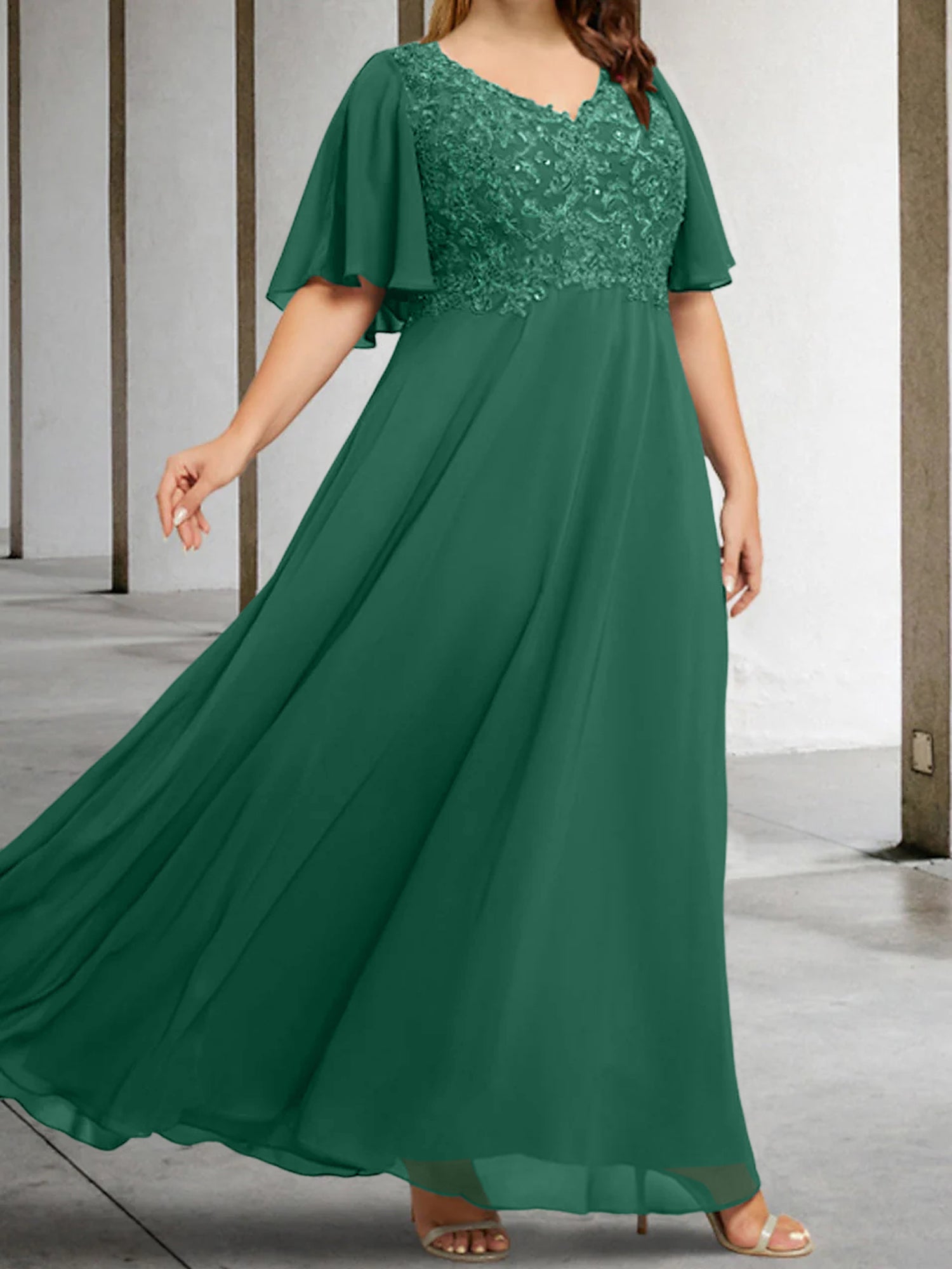 V-Neck A-Line Princess Floor-Length Mother of the Bride Dress with Applique and Half Sleeves-BMbridal