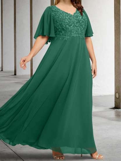 V-Neck A-Line Princess Floor-Length Mother of the Bride Dress with Applique and Half Sleeves-BMbridal