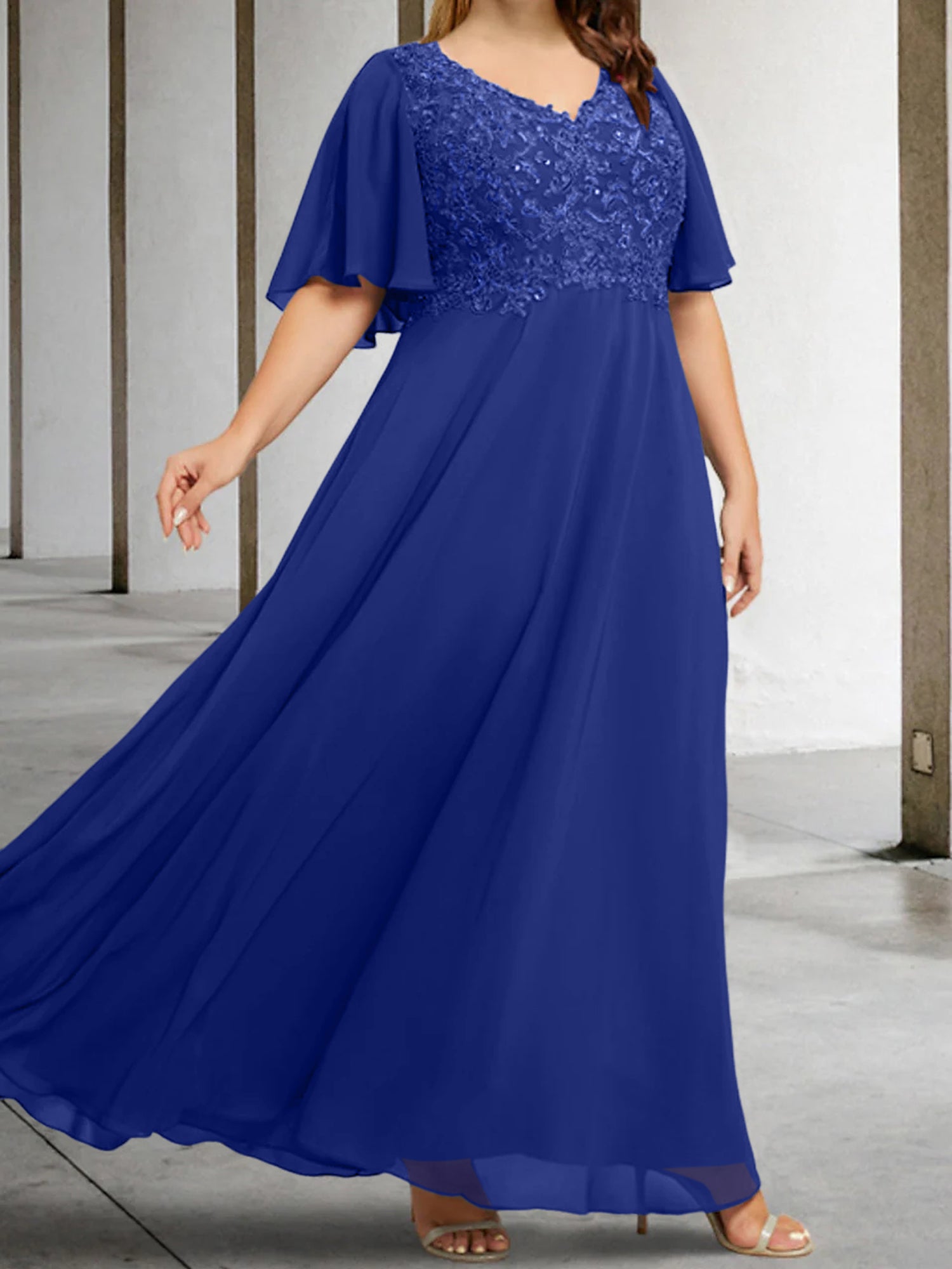 V-Neck A-Line Princess Floor-Length Mother of the Bride Dress with Applique and Half Sleeves-BMbridal