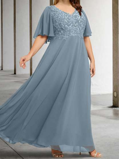 V-Neck A-Line Princess Floor-Length Mother of the Bride Dress with Applique and Half Sleeves-BMbridal