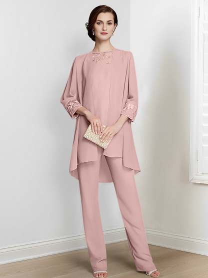Floor-Length Square Neck Chiffon Pantsuit With Long Sleeves and Jacket for the Mother of the Bride-BMbridal