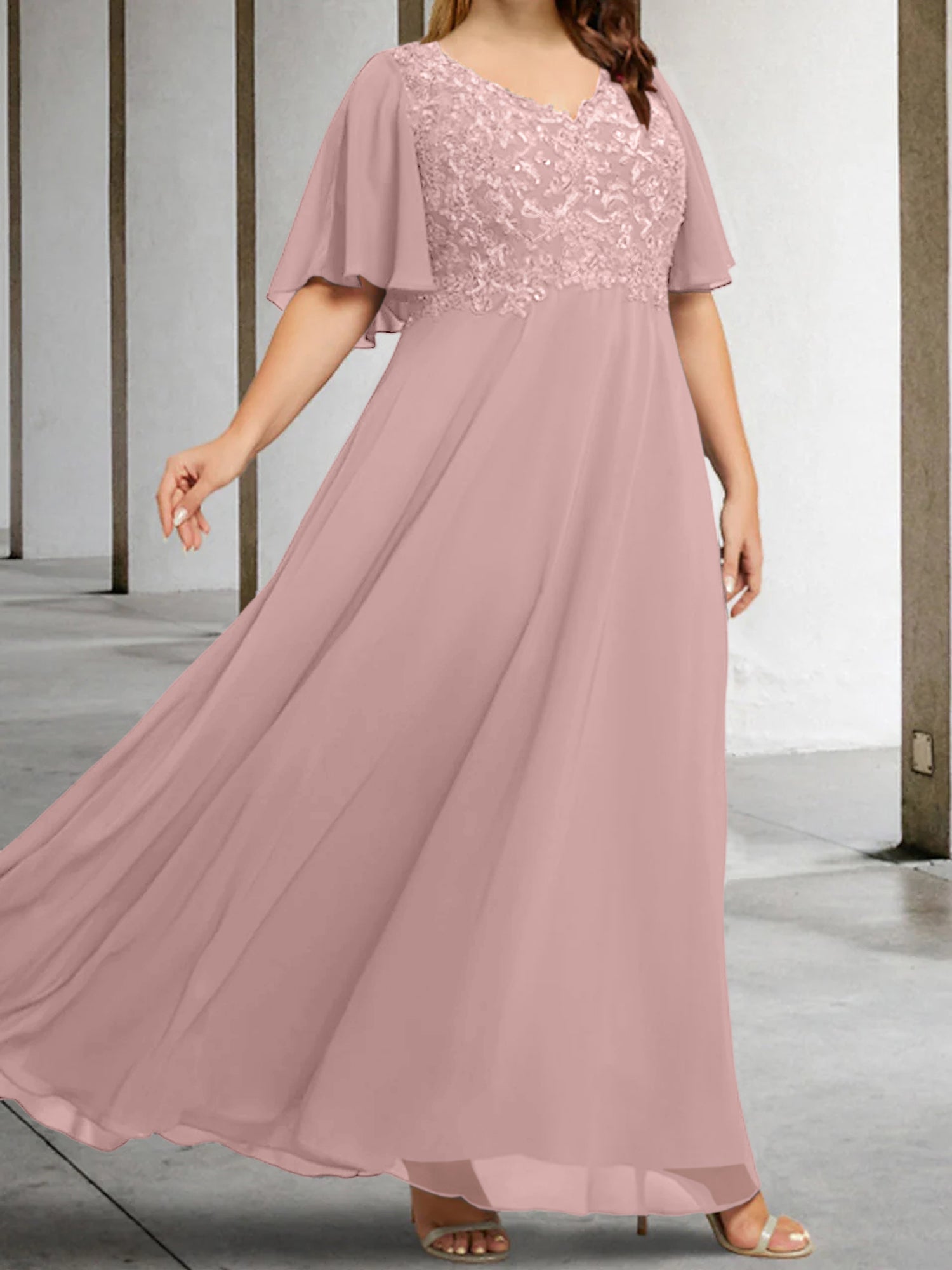 V-Neck A-Line Princess Floor-Length Mother of the Bride Dress with Applique and Half Sleeves-BMbridal