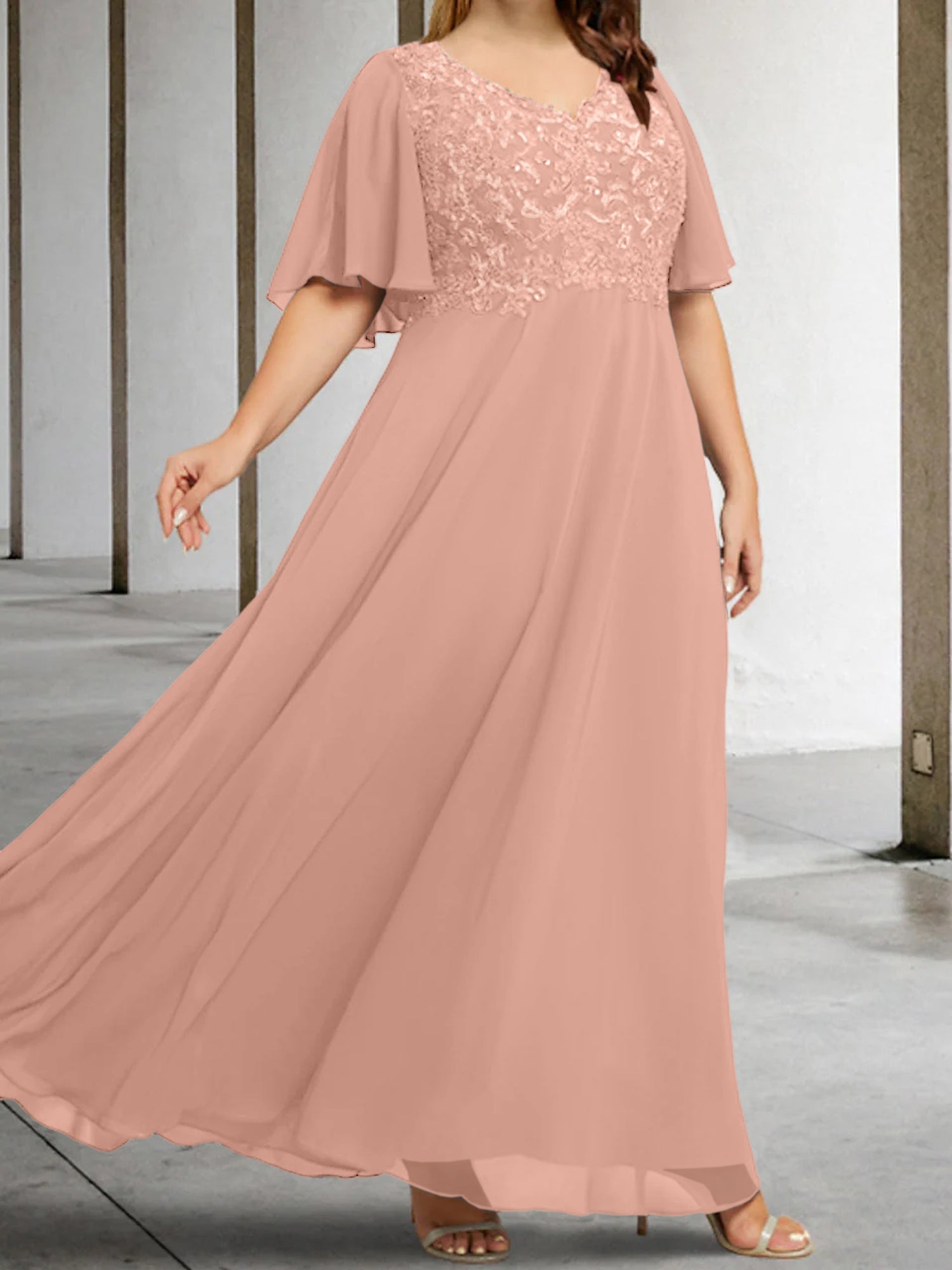 V-Neck A-Line Princess Floor-Length Mother of the Bride Dress with Applique and Half Sleeves-BMbridal