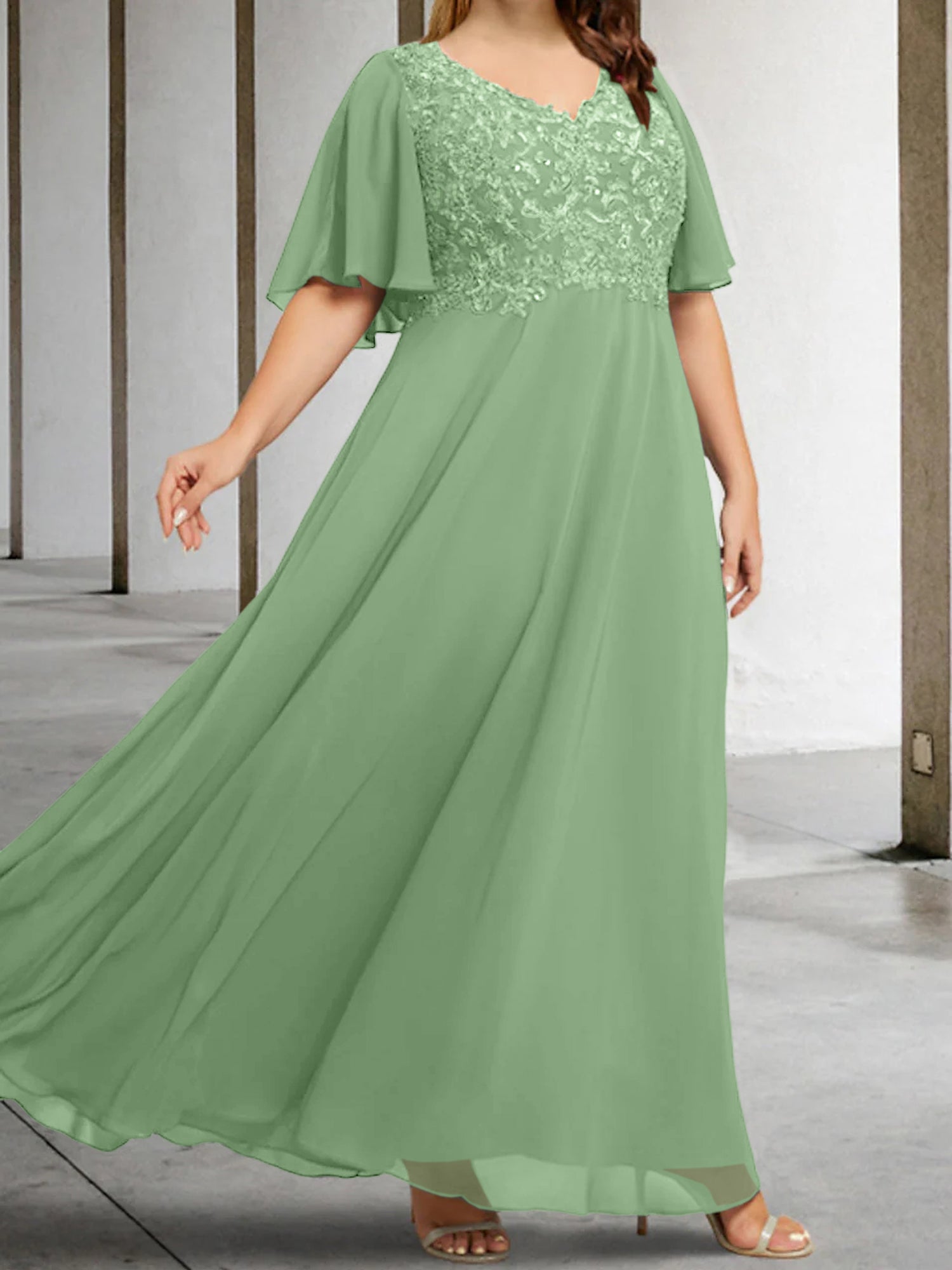 V-Neck A-Line Princess Floor-Length Mother of the Bride Dress with Applique and Half Sleeves-BMbridal