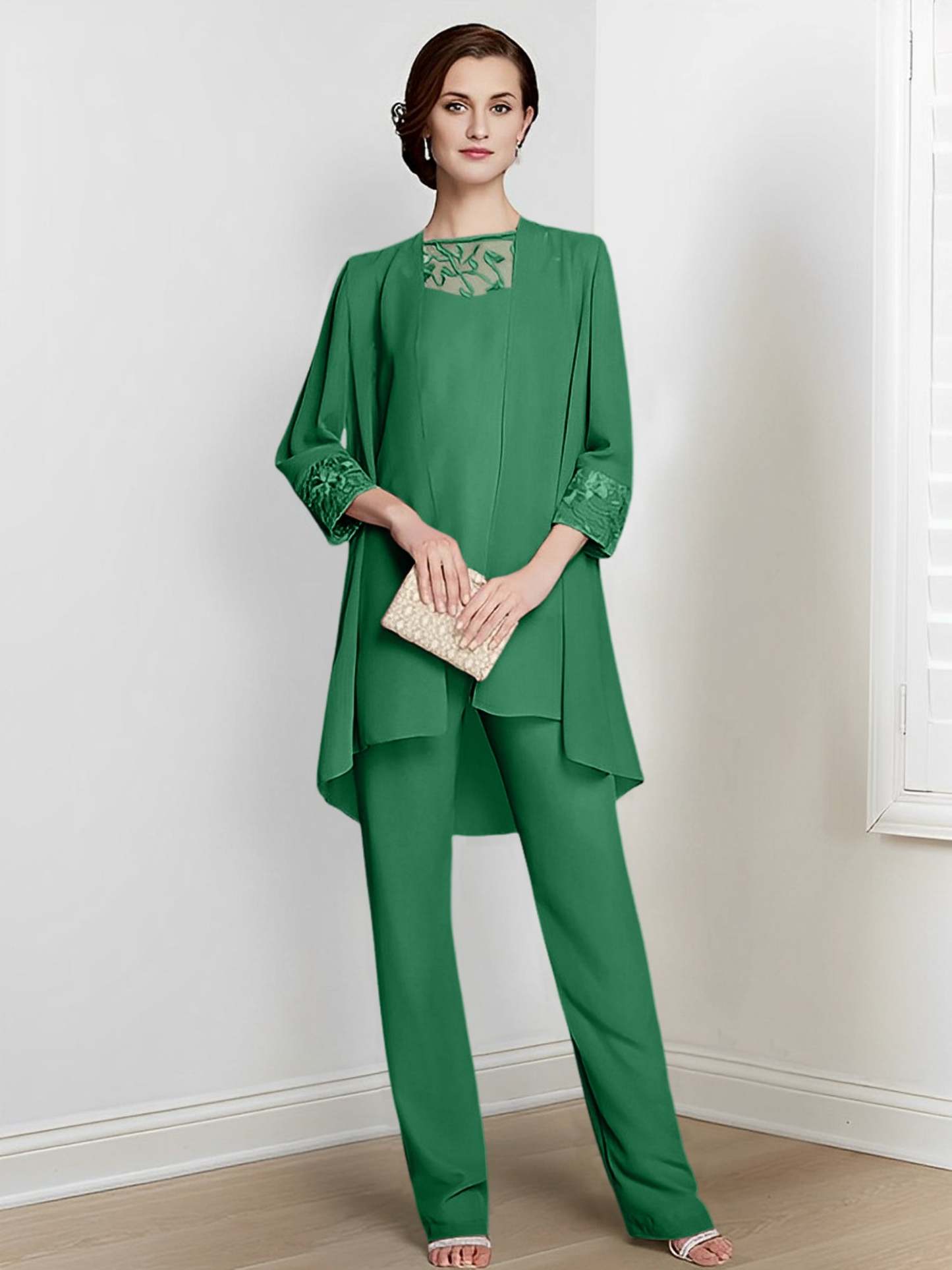 Floor-Length Square Neck Chiffon Pantsuit With Long Sleeves and Jacket for the Mother of the Bride-BMbridal