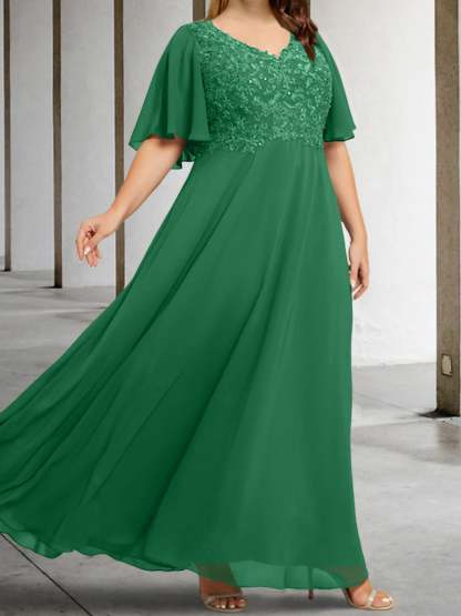 V-Neck A-Line Princess Floor-Length Mother of the Bride Dress with Applique and Half Sleeves-BMbridal