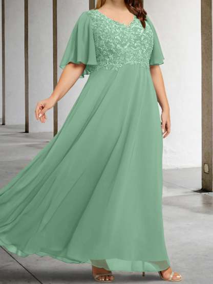 V-Neck A-Line Princess Floor-Length Mother of the Bride Dress with Applique and Half Sleeves-BMbridal