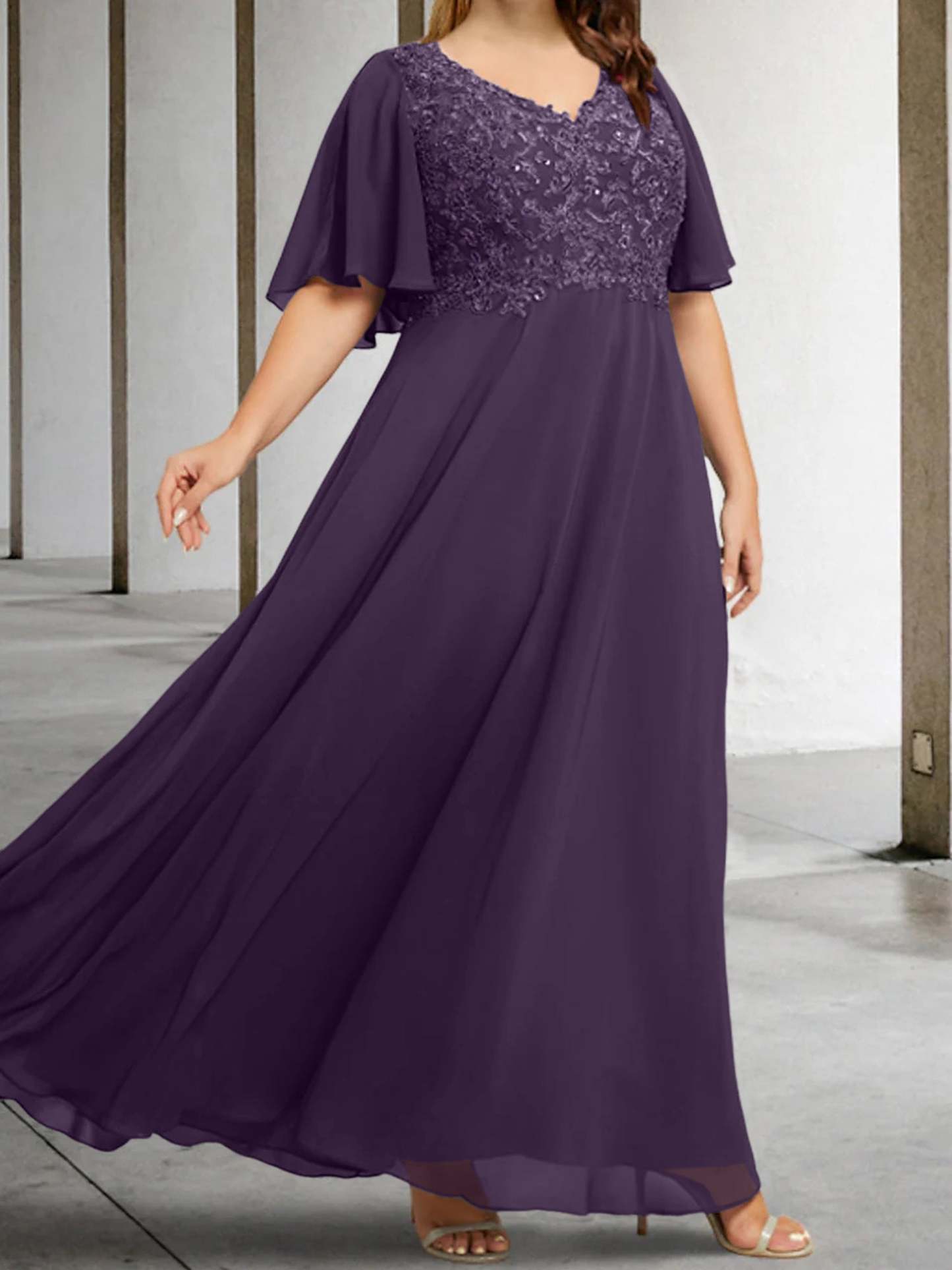 V-Neck A-Line Princess Floor-Length Mother of the Bride Dress with Applique and Half Sleeves-BMbridal
